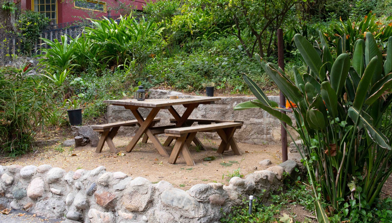 The outdoor table and canyon greenery.